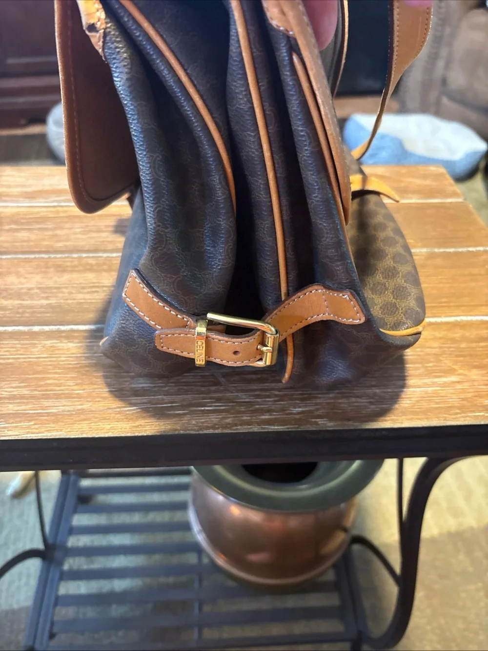 Celine Brown Canvas Satchel with Tan Leather Trim